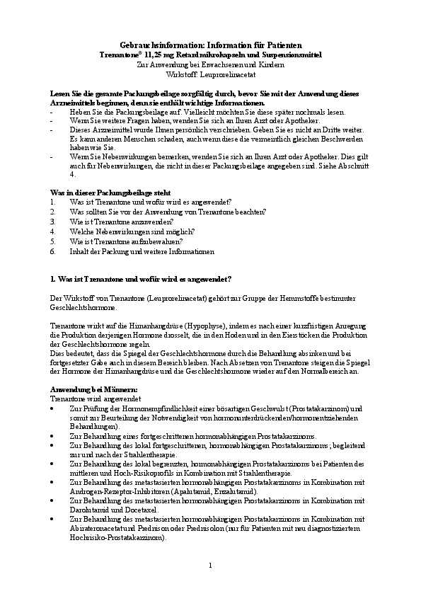 Titelseite der PDF-Datei Gebrauchsinformation Trenantone® 11,25 mg