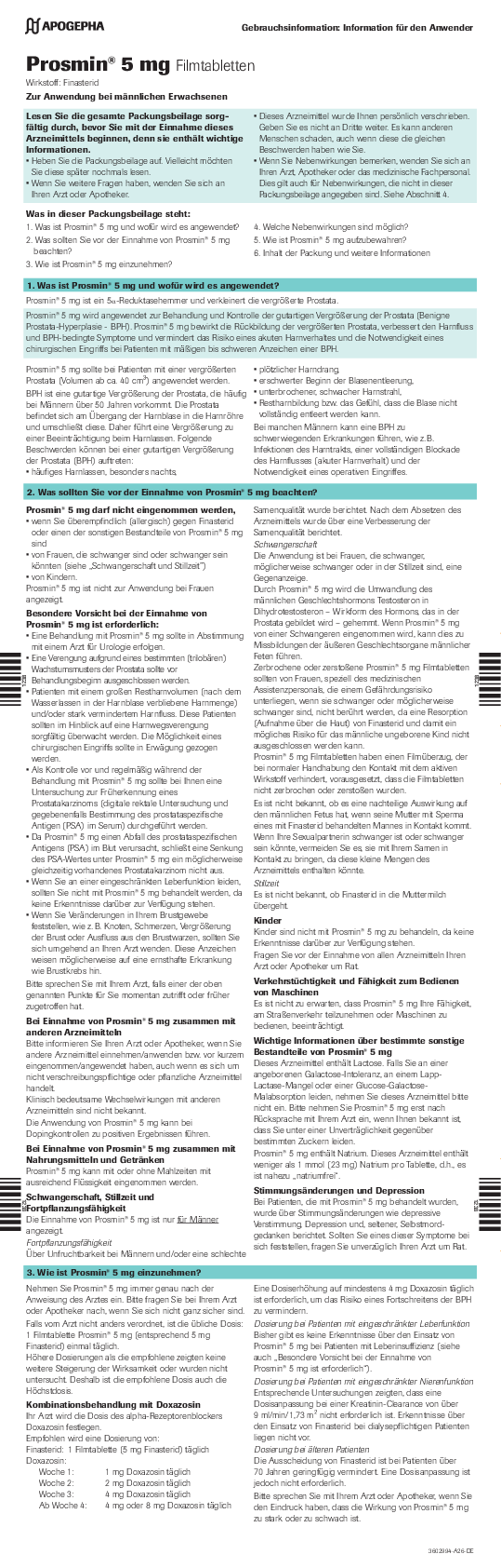 Title page of the PDF file Usage information Prosmin® 5 mg