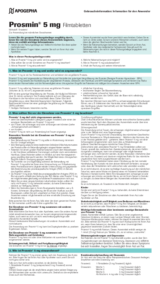 Title page of the PDF file Usage information Prosmin® 5 mg