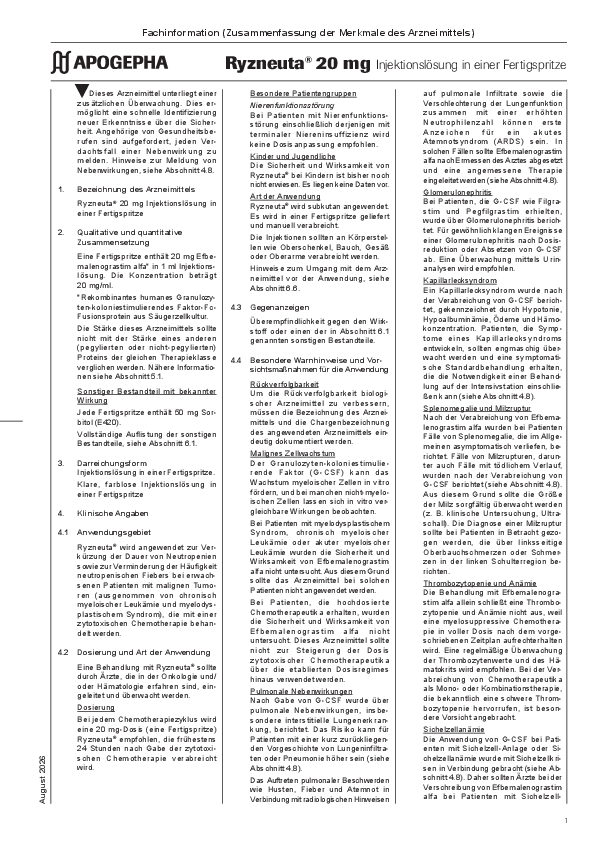Vorschaubild einer herunterladbaren Datei Titelseite der PDF-Datei Ryzneuta Fachinformation