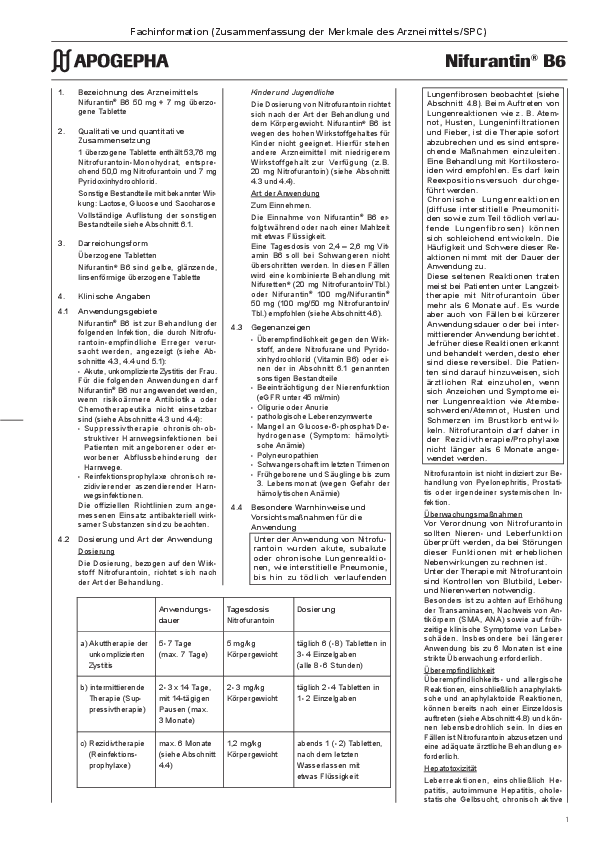 Titelseite der PDF-Datei Fachinformation Nifurantin® B6 50 mg + 7 mg überzogene Tabletten
