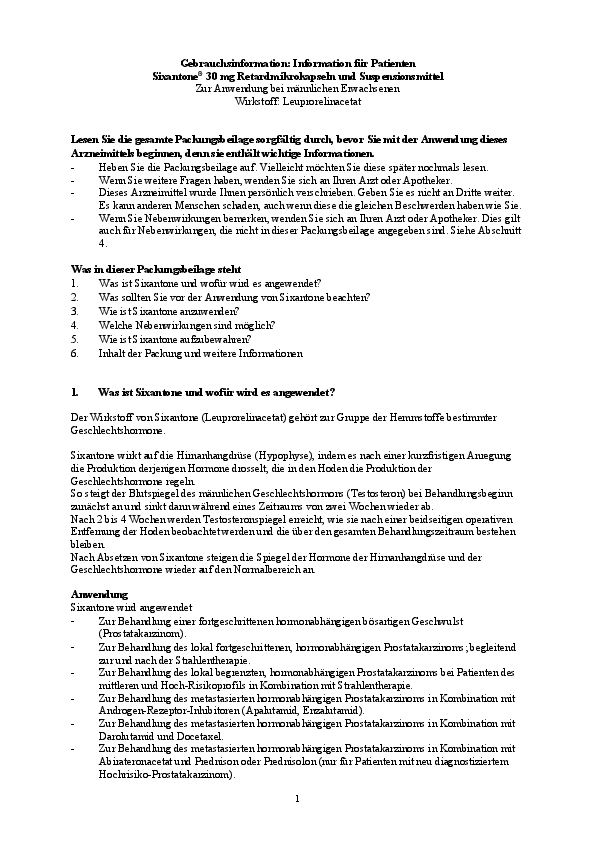 Vorschaubild einer herunterladbaren Datei Titelseite der PDF-Datei Gebrauchsinformation Sixantone® 30,0 mg