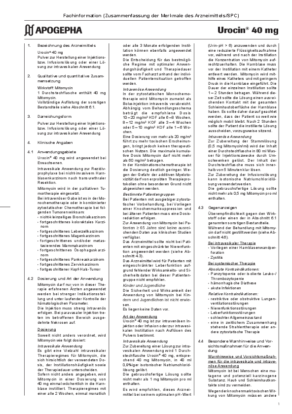 Titelseite der PDF-Datei Fachinformation Urocin® 40 mg