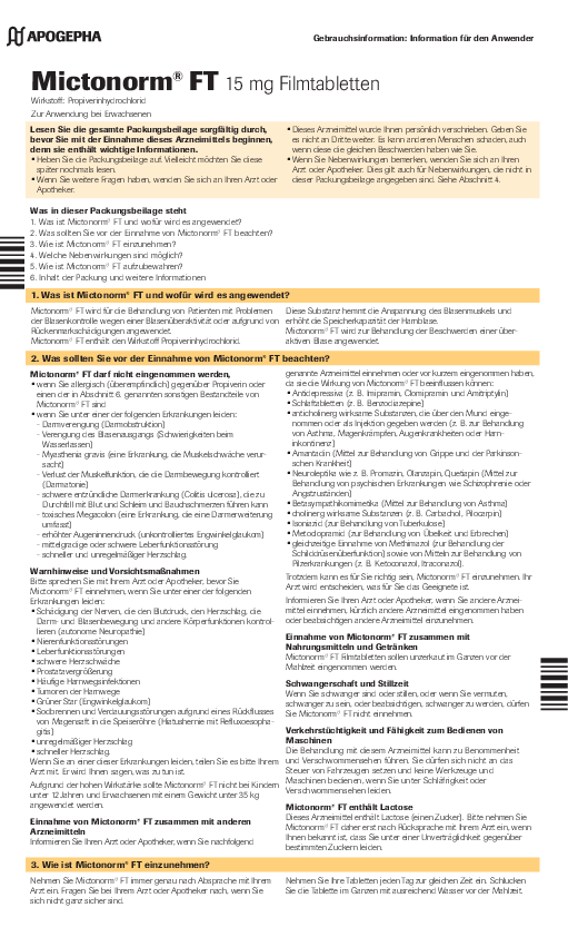 Title page of the PDF file Usage information on Mictonorm® FT 15 mg film-coated tablets