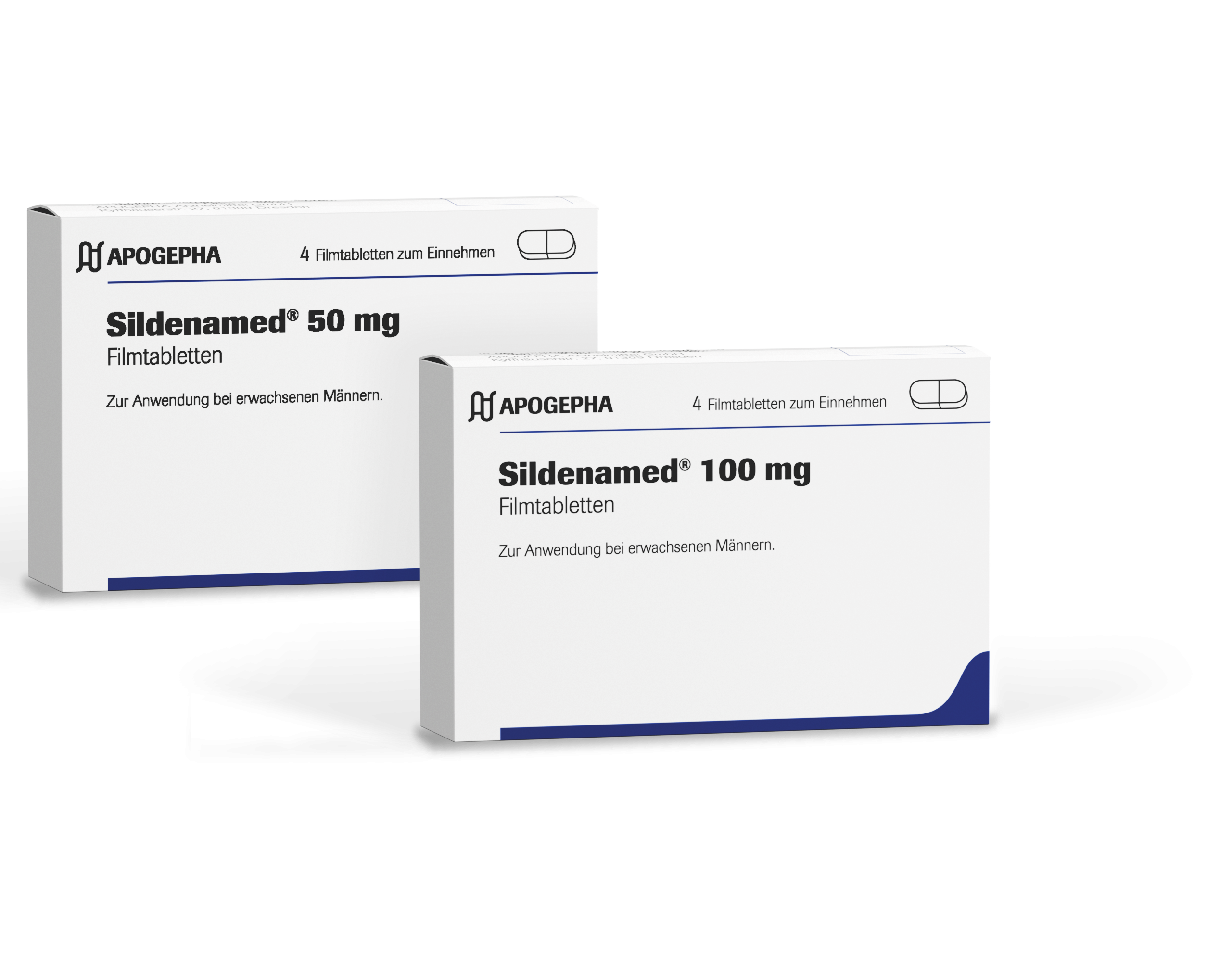 Es sind die Produktpackungen von Sildenamed 50mg und Sildenamed 100mg abgebildet.