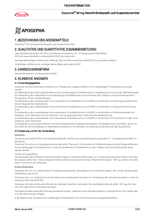 Titelseite der PDF-Datei Fachinformation Sixantone® 30,0 mg