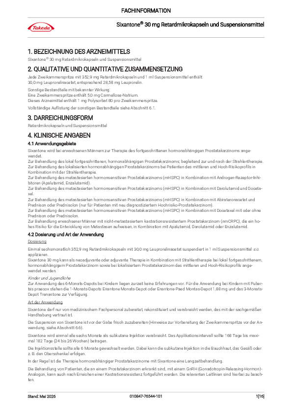 Vorschaubild einer herunterladbaren Datei Titelseite der PDF-Datei Fachinformation Sixantone® 30,0 mg