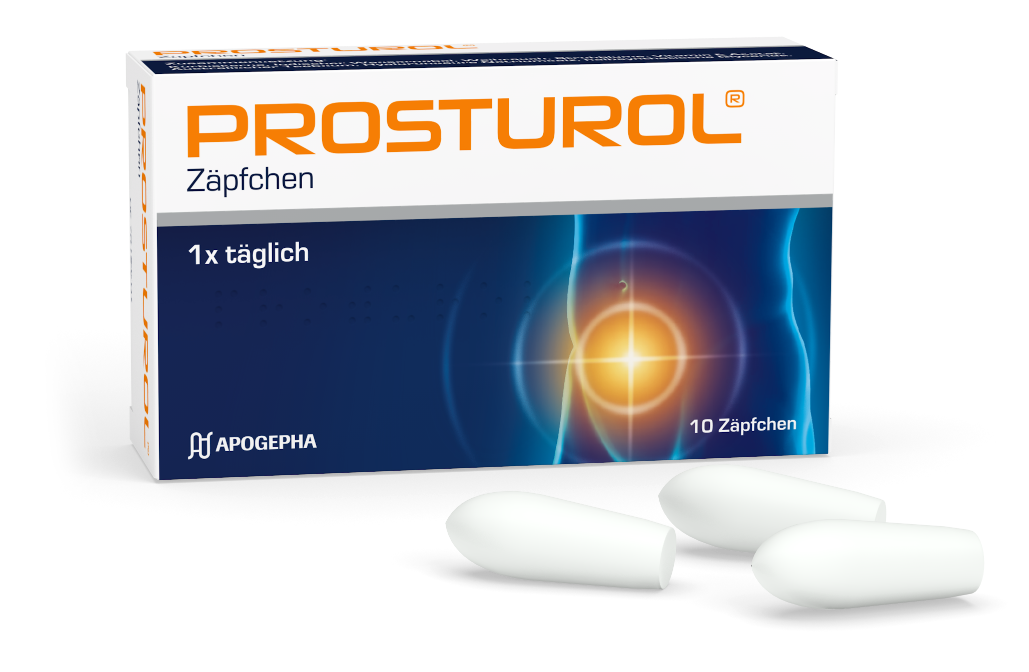 Packshot von PROSTUROL® und Zäpfchen.