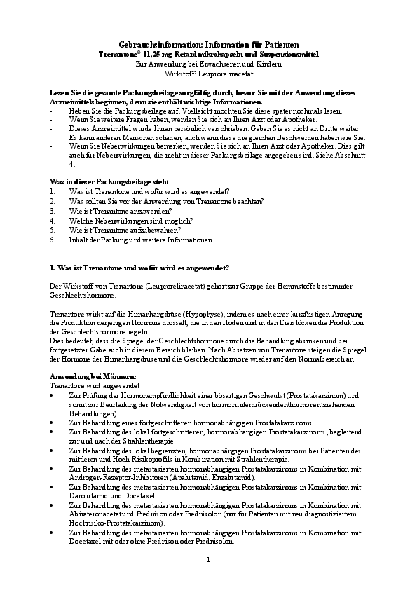 Vorschaubild einer herunterladbaren Datei Titelseite der PDF-Datei Gebrauchsinformation Trenantone® 11,25 mg