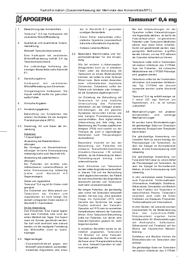Title page of the PDF file Technical information Tamsunar® 0.4 mg