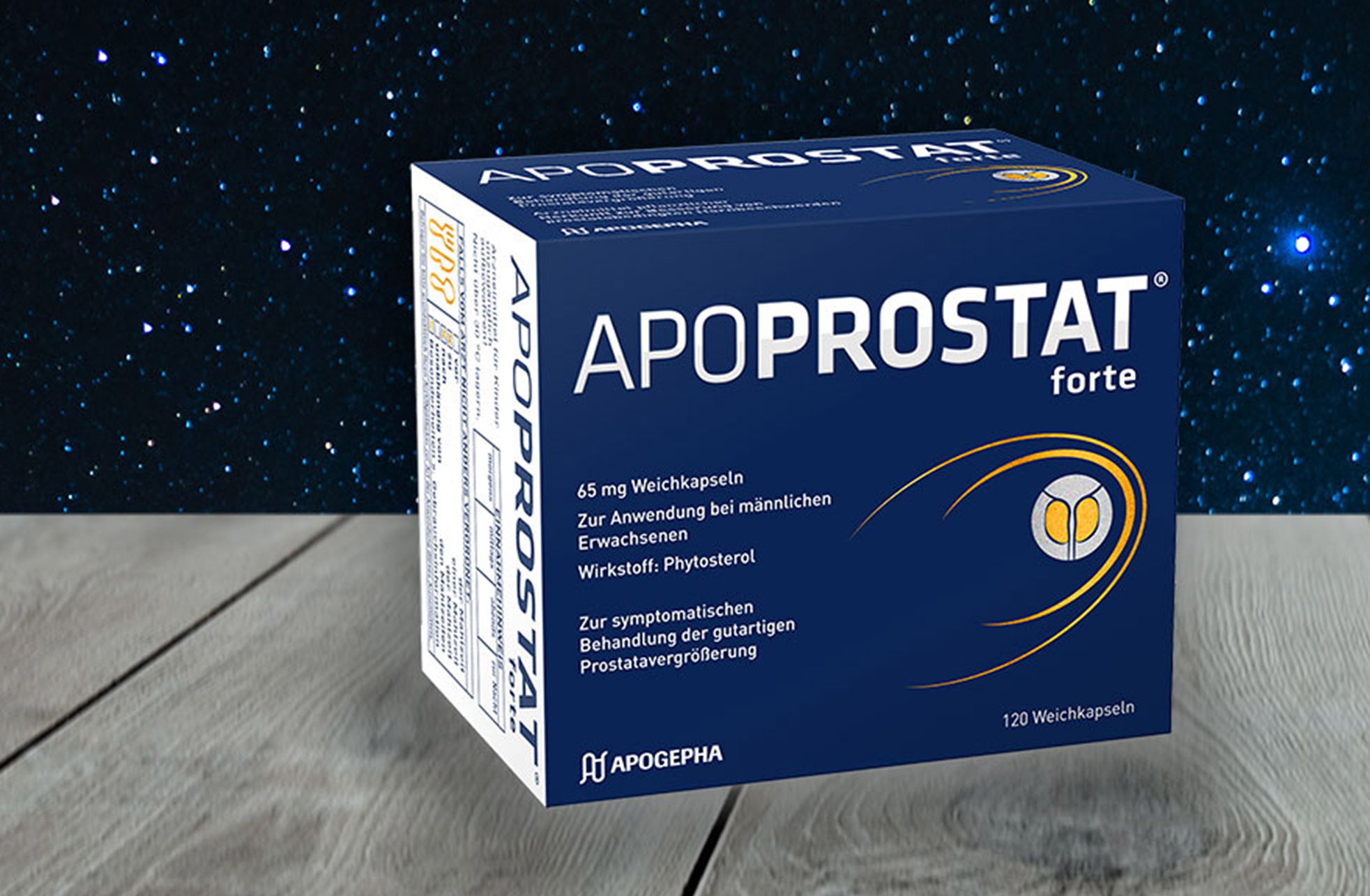 Packung APOPROSTAT® forte vor nächtlichem Sternenhimmel.
