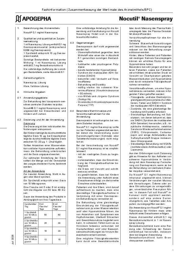 Title page of the PDF file Technical information on Nocutil® 0.1 mg/ml Nasal Spray