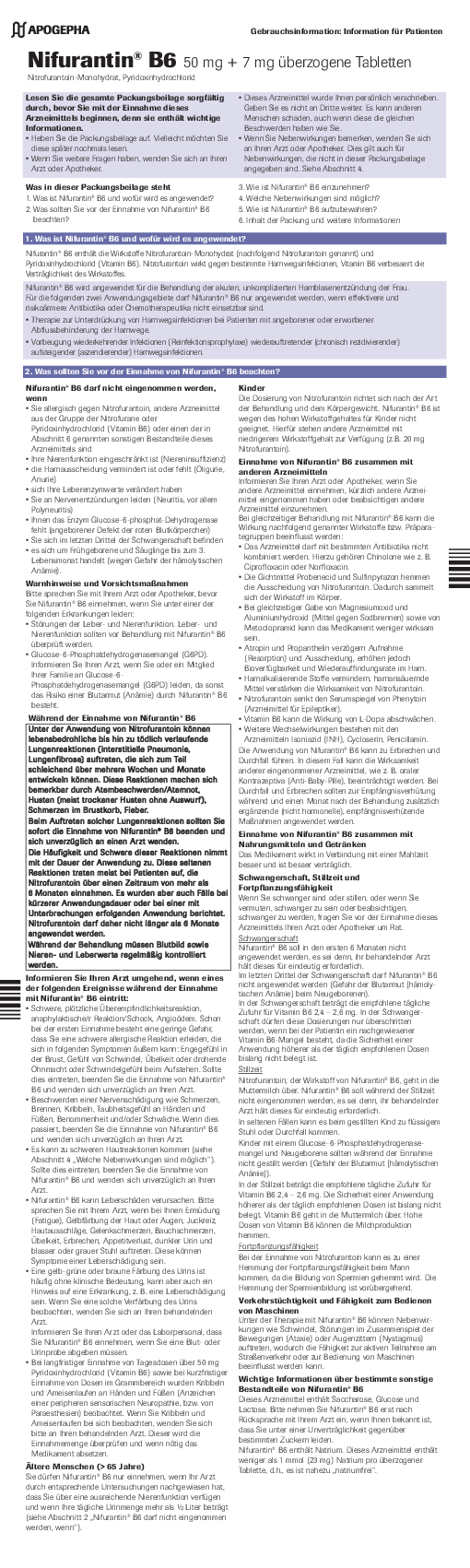 Titelseite der PDF-Datei Gebrauchsinformation Nifurantin® B6 50 mg + 7 mg überzogene Tabletten