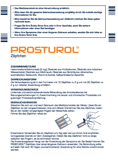Vorschaubild einer herunterladbaren Datei Titelseite der PDF-Datei Gebrauchsinformation PROSTUROL® Zäpfchen