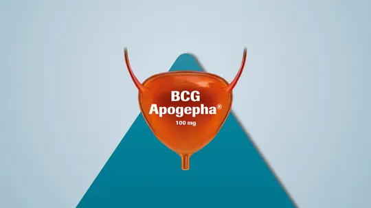 Ein stilisierter orangefarbener Behälter mit zwei Spitzen, der die Aufschrift 'BCG Apogepha 100 mg' trägt, vor einem hellblauen Hintergrund.