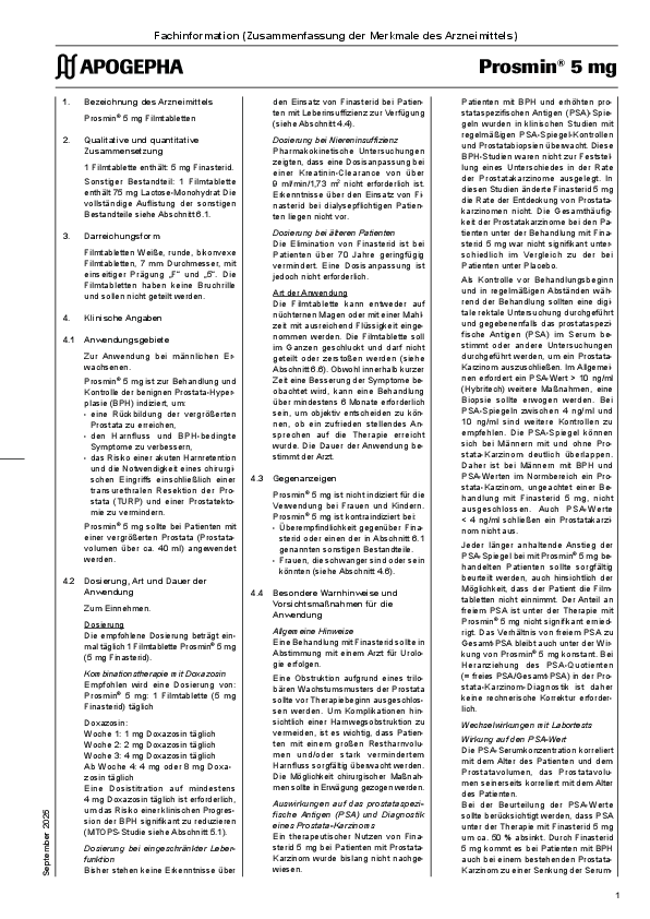 Title page of the PDF file Technical information Prosmin® 5 mg