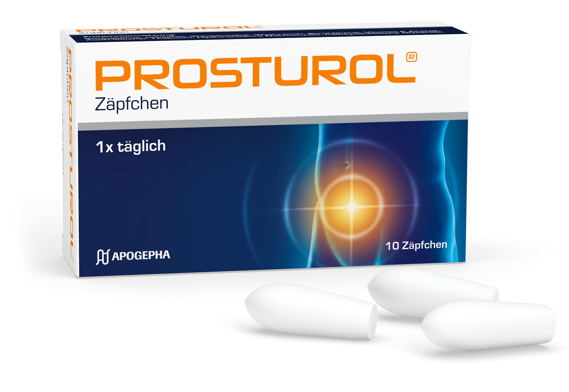 Packshot von PROSTUROL® und Zäpfchen.