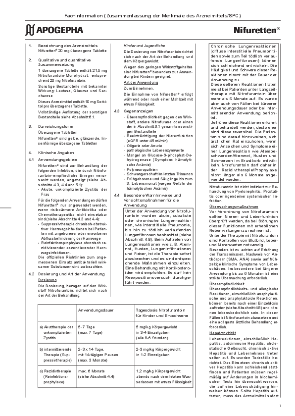 Titelseite der PDF-Datei Fachinformation Nifuretten® 20 mg überzogene Tabletten
