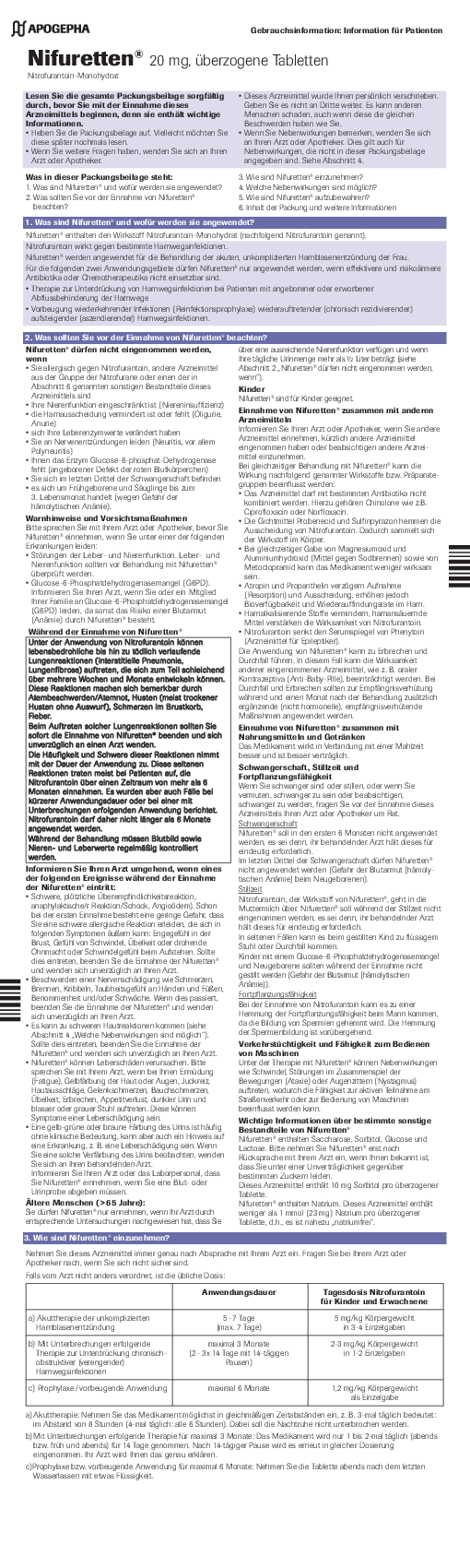 Titelseite der PDF-Datei Gebrauchsinformation Nifuretten® 20 mg überzogene Tabletten