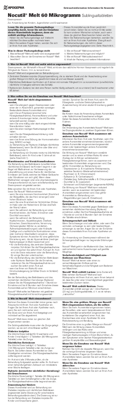 Preview image of a downloadable file Title page of the PDF file Usage information on Nocutil® Melt 60 µg sublingual tablets