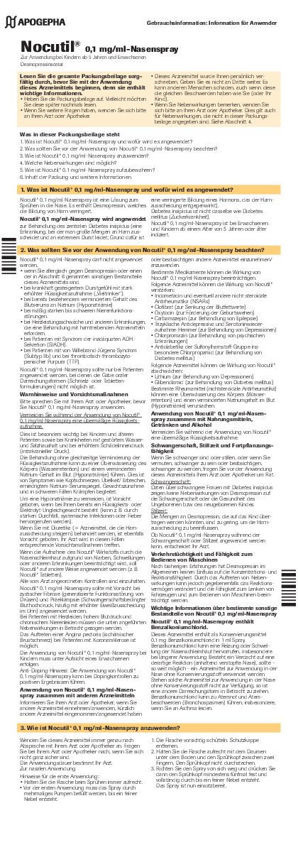 Title page of the PDF file Usage information on Nocutil® 0.1 mg/ml Nasal Spray