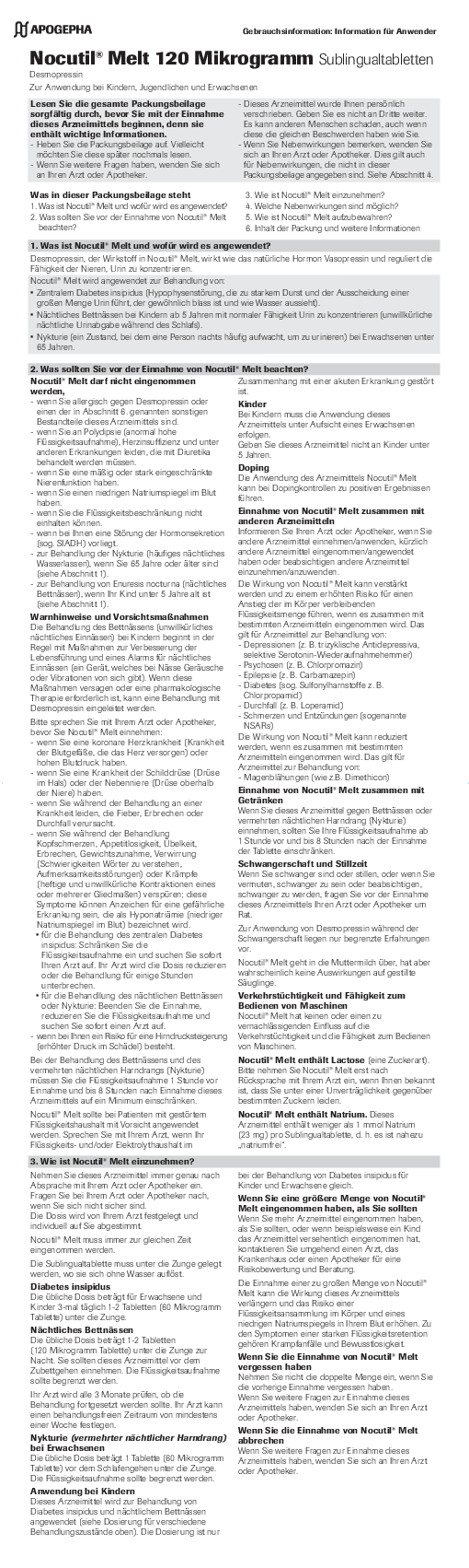 Preview image of a downloadable file Title page of the PDF file Usage information on Nocutil® Melt 120 µg sublingual tablets