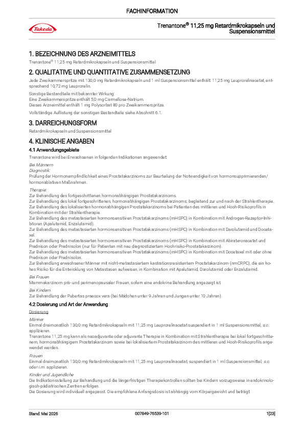 Vorschaubild einer herunterladbaren Datei Titelseite der PDF-Datei Fachinformation Trenantone® 11,25 mg