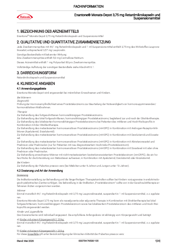 Vorschaubild einer herunterladbaren Datei Titelseite der PDF-Datei Fachinformation Enantone® 3,75 mg