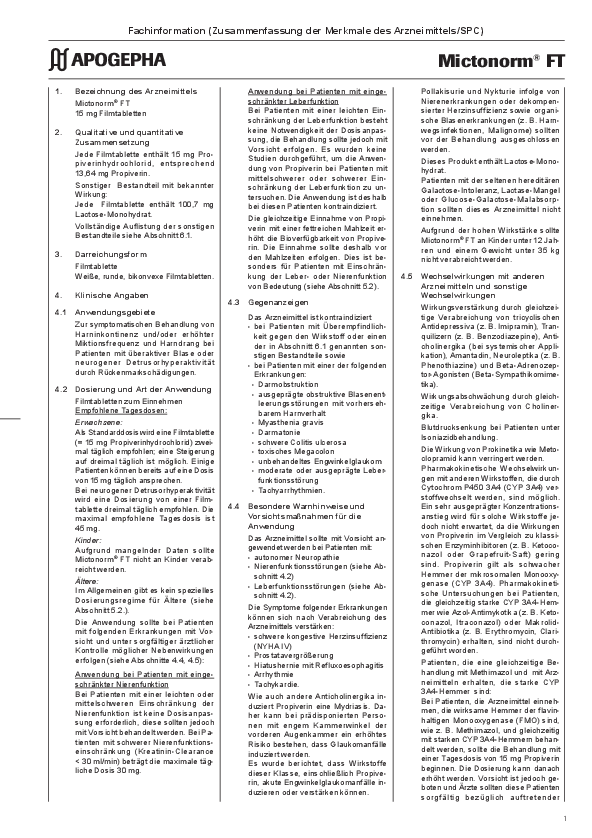 Title page of the PDF file Technical information on Mictonorm® FT 15 mg film-coated tablets