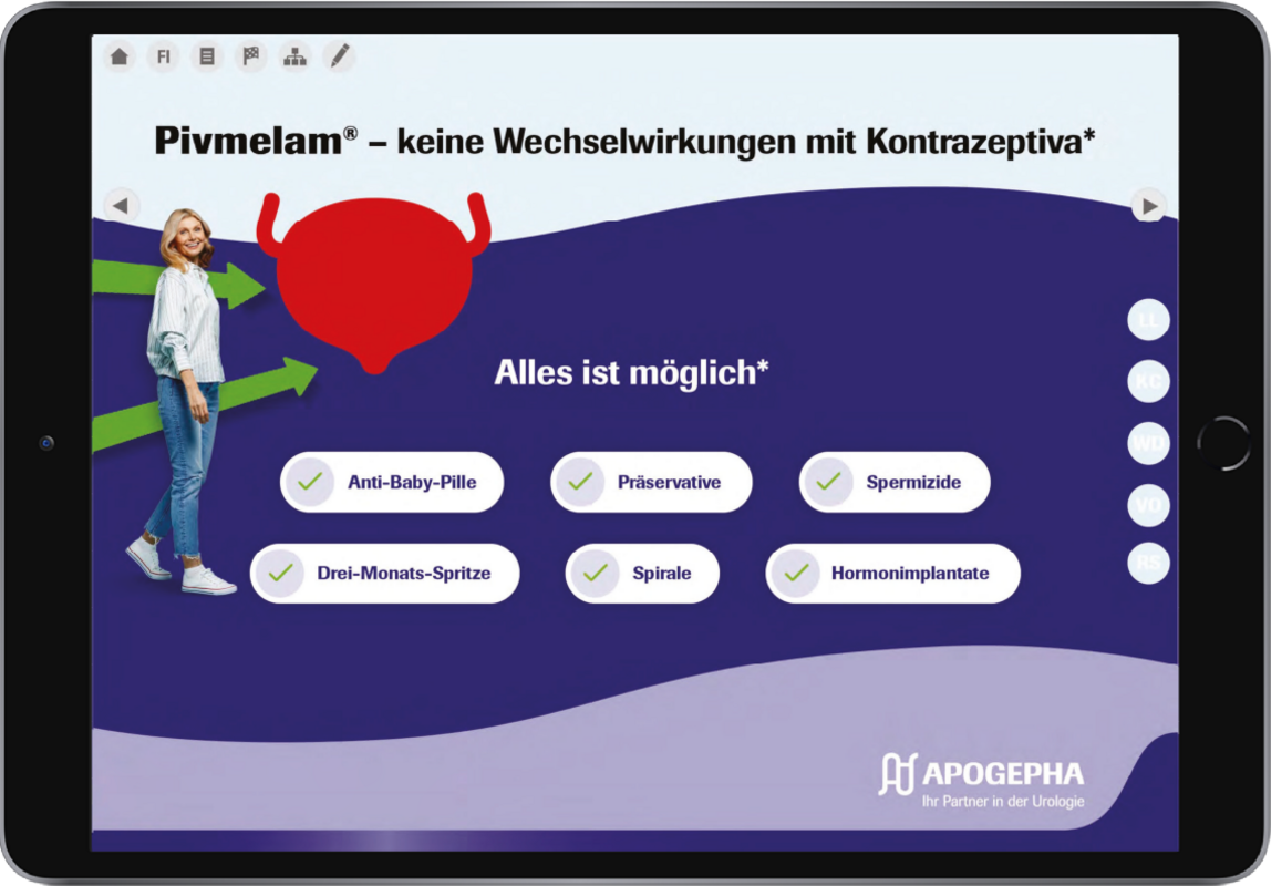 Frau neben Aufzählung von Kontrazeptiva, mit denen Pivmelam® keine Wechselwirkungen aufweist.